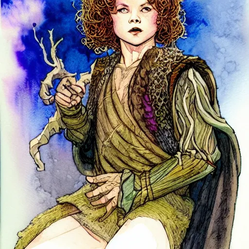 Image similar to a realistic and atmospheric watercolour fantasy character concept art portrait of shirley temple as a druidic warrior wizard looking at the camera with an intelligent gaze by rebecca guay, michael kaluta, charles vess and jean moebius giraud