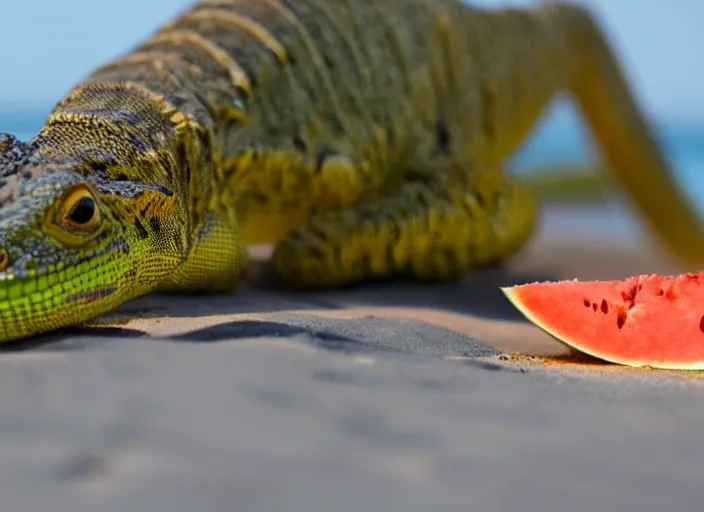 Image similar to a lizard out in the beach while looking into a sliced melon in front of it