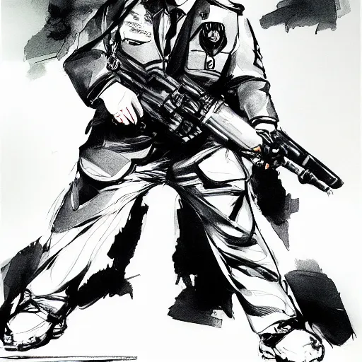 Image similar to paul blart mall cop by yoji shinkawa, ink brush drawing, professional illustration, trending on artstation, portrait