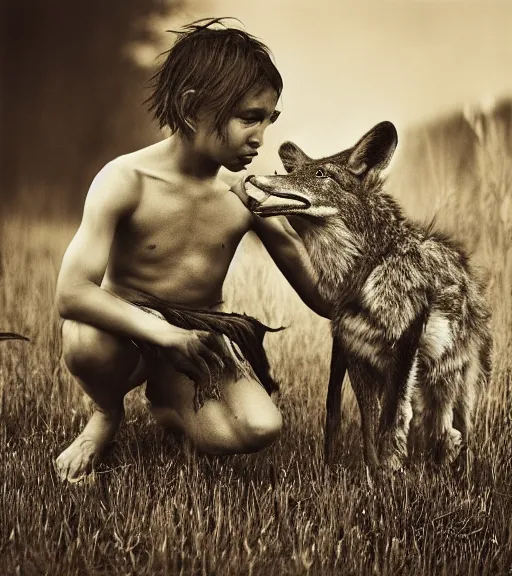 Image similar to Award winning Editorial photo of a Iroquois Native petting a wild coyote by Edward Sherriff Curtis and Lee Jeffries, 85mm ND 5, perfect lighting, gelatin silver process