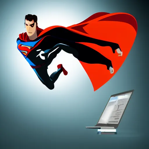 Image similar to developer superhero with laptop flying to save the day, dramatic cinematic