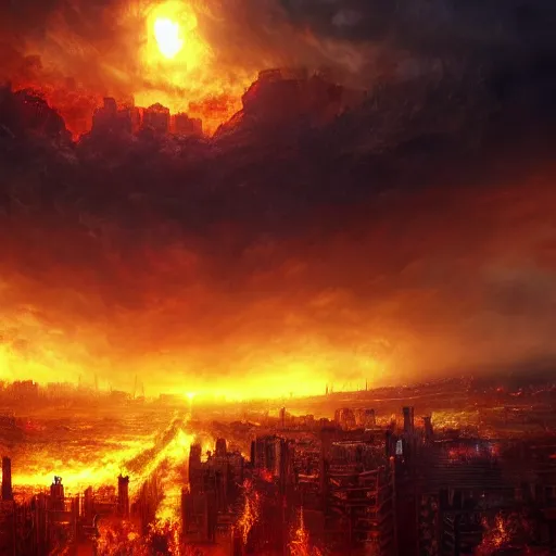 Prompt: a city is scorched by the sun, apocalypse, chaos, giant sun, flames, chaotic atmosphere, epic fantasy art, trending on artstation, trending on deviantart, high detail, high definiton, ultra realistic, hyper realistic, photo realistic, 4 k uhd,