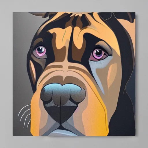 Prompt: a sunset patterned bullmastiff in a white room