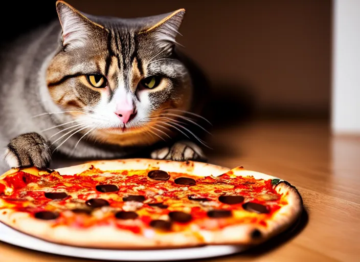 Prompt: photo of a very fat cat eating pizza. nikon d 8 5 0 5 5 mm. dof. cinematic postprocessing.