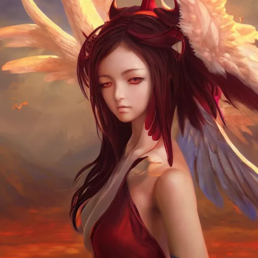 Image similar to an oil painting of a beautiful anime girl with demon wings, by artgerm, wlop and greg rutkowski, hd, hdr, ue 5, ue 6, unreal engine 5, cinematic 4 k wallpaper, 8 k, ultra detailed, high resolution, artstation, award winning