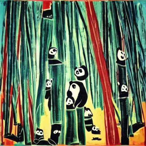 Image similar to “ panda bears playing in a bamboo forest painted by basquiat, highly detailed, theatrical lighting, vivid colors, cinematic ”