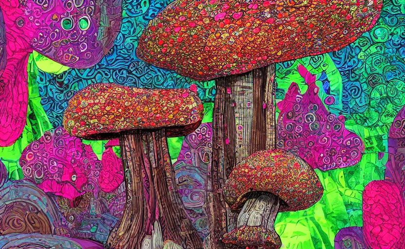 Image similar to one huge hyperdetailed elaborate mushroom, seen from the distance at night. in a wood made of paper and fabrics. 8 x 1 6 k hd mixed media 3 d collage in the style of a childrenbook illustration in pastel neon tones. shiny matte background no frame hd