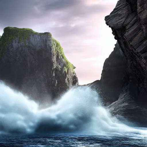 Prompt: photograph with stylish lens effect, stylistic lighting, 1 9 8 0's sci - fi epic artistic style, weta digital, octane render, a woman in a black dress and hat standing in the cliffside entrance to a cave alongside crashing dramatic ocean waves with sea foam and sea spray, an ancient greek trireme