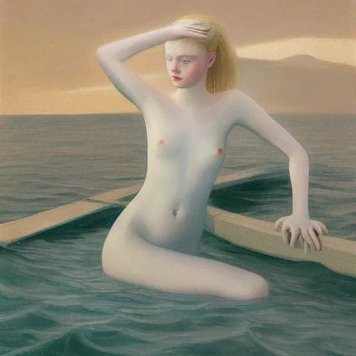 Prompt: Painting of Elle Fanning underwater, long blonde hair, delicate, pale milky white porcelain skin, by Edward Hopper. 8K. Extremely detailed.