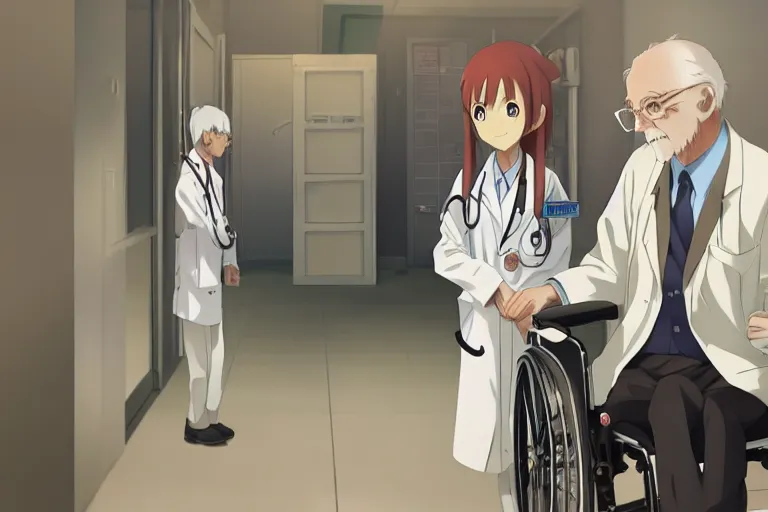 Image similar to a cute young female doctor wearing white coat, an old man of 80 years in a wheelchair, hospital ward, slice of life anime, cinematic, realistic, anime scenery by Makoto shinkai