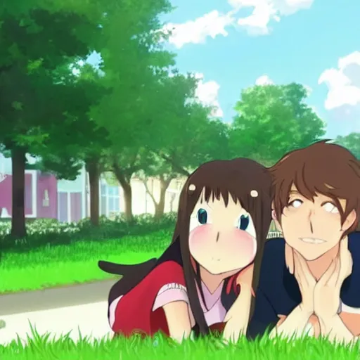 Image similar to a teenage girl and a teenage boy and a cat, in the Netherlands, Anime Outro