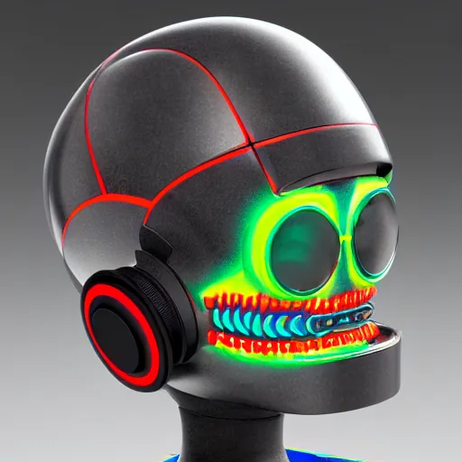 Image similar to a glossy claymodel of a atompunk aztec futurism robot head with glowing headphones, 8 k, symetrical, flourescent colors, halluzinogenic, multicolored, very detailed, black background, 3 d render,
