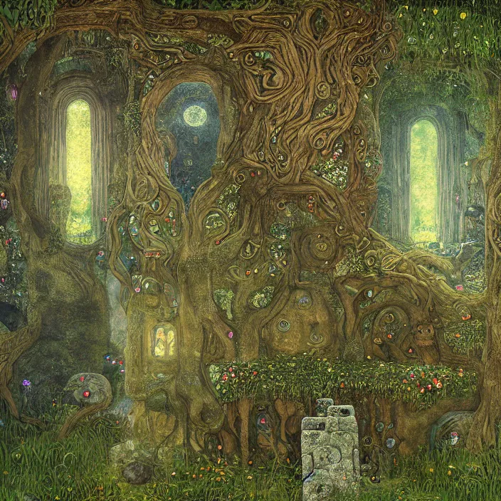 Image similar to ancient overgrown! ruins, medieval gates, runestones, mysetrious etherial mesmerizing runic!! cat eyes, magical elven geometry, concept art by gustav klimt!!, deviantart contest winner, environmental art, fairy circle, lit by moonlight!!, high detail, intricate masterpiece