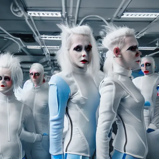 Image similar to troop of freak show women with white apache hairdos, white hair, tight light blue neopren suits, futuristic production facility, sci - fi, highly detailed, cinematic