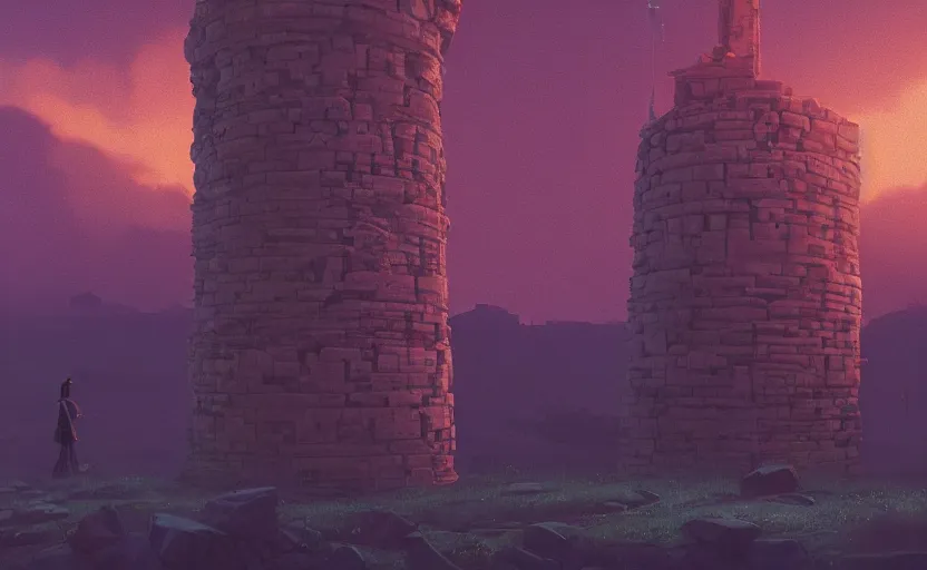 Prompt: A landscape with a single giant stone brick tower with pillars on top at sunset, magical portal, cyberpunk, glowing runes, technology, Low level, rendered by Beeple, Makoto Shinkai, syd meade, simon stålenhag, environment concept, synthwave style, digital art, unreal engine, WLOP, trending on artstation, 4K UHD image, octane render,