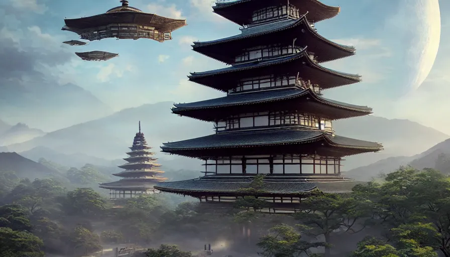 Image similar to a giant alien ufo high tech spaceship eerily hovering on ancient kyoto city landscape with beautiful pagodas by greg rutkowski, artgerm, ross tran, magali villeneuve, intricate, time travel theme, audince in awe, spectacle, audience sorrounding, award winning, octane render, masterpiece, 8 k, beautiful