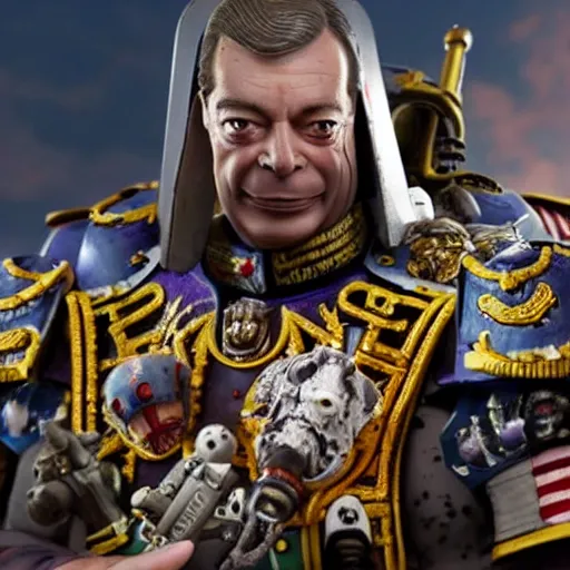 Image similar to nigel farage in warhammer space marine, splash art, movie still, cinematic lighting, dramatic, octane render, long lens, shallow depth of field, bokeh, anamorphic lens flare, 8 k, hyper detailed, 3 5 mm film grain