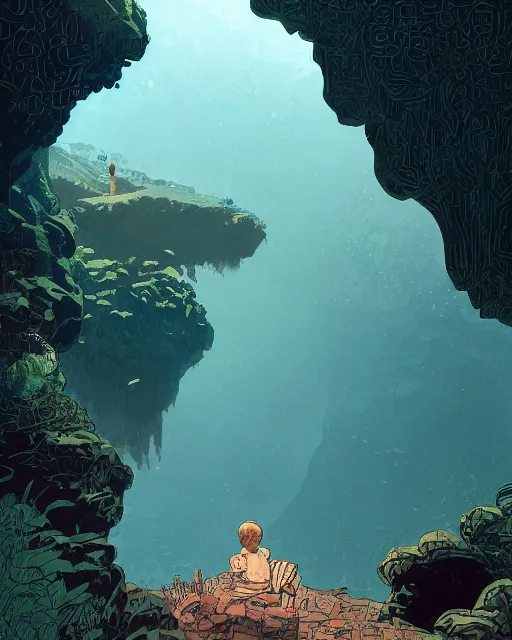 Prompt: a boy sneaking behind a giant sleeping giant, in a cave by the water, digital art, illustrated by james gurney and victo ngai