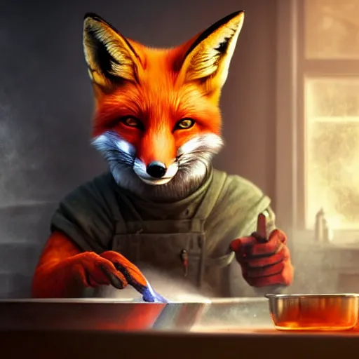 Image similar to a fox mixing chemicals in a kitchen, portrait, fantasy, beautiful face, vivid colors, elegant, concept art, sharp focus, digital art, Hyper-realistic, 4K, Unreal Engine, Highly Detailed, HD, Dramatic Lighting by Brom, trending on Artstation