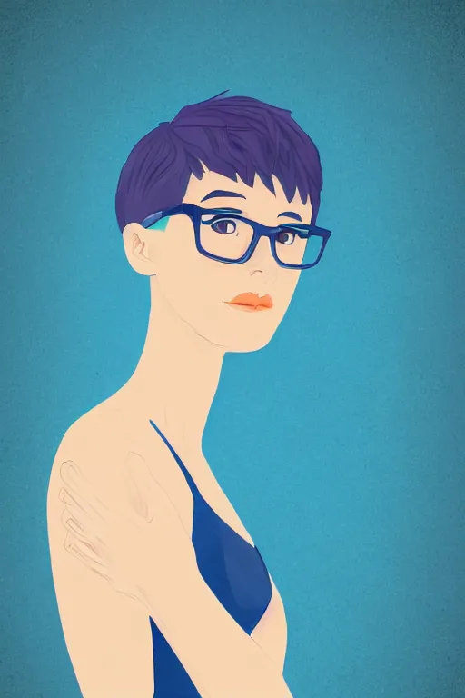 Prompt: full body portrait of cute young woman with blue pixie cut and glasses, digital illustration, freckles, confident, goddess, elegant, smooth, sharp focus