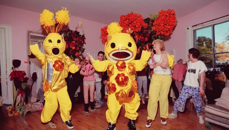 Prompt: 1990s candid 35mm photo of a beautiful day in the living room, cinematic lighting, cinematic look, golden hour, large costumed mascot Flower people dancing for families, Enormous personified flower people with outstandingly happy faces coming out of a portal and showing families how to dance, dogs dancing too, UHD