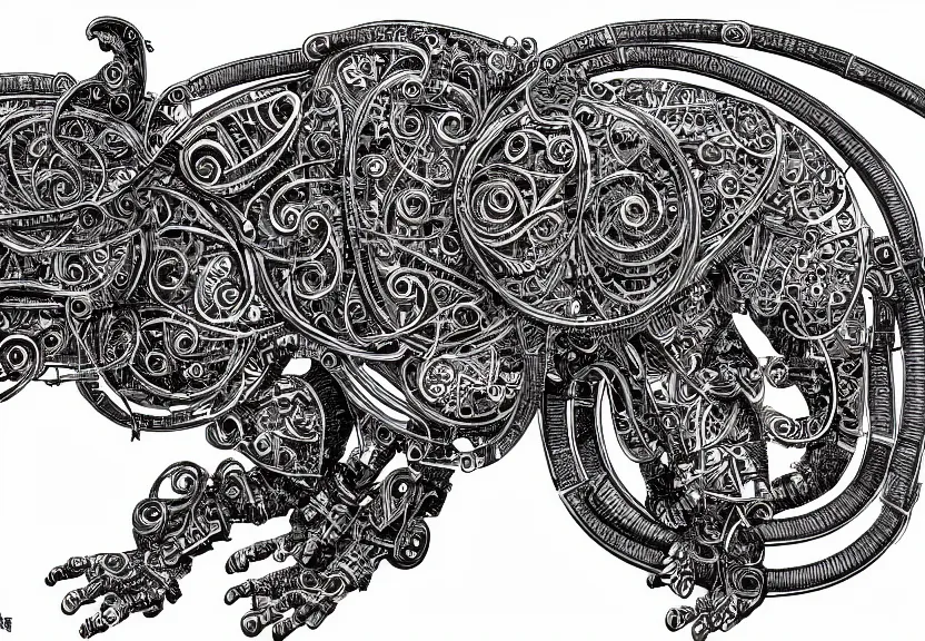 Prompt: spacious schematic blueprint of highly detailed ornate filigreed convoluted ornamented elaborate cybernetic rat, full body, character design, inside frame, art by da vinci