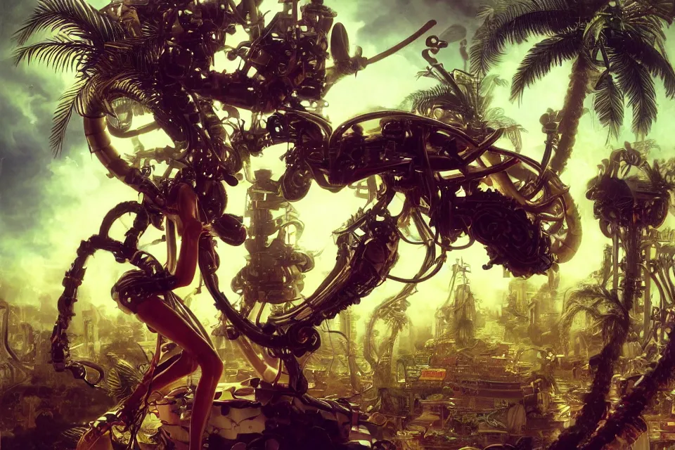 Prompt: an extreme close - up of a cyborg nymph playing with a giant insect surrounded by saxophones, palm trees, jungle fruit, and stylized designer modular chrome eye candy, volumetric light caustics clouds of smoke, by hajime soryama, boris vallejo, bouguereau, mamoru nagano