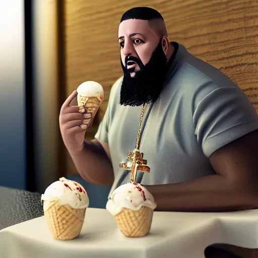 Image similar to a highly detailed realistic photographic render saint dj khaled with ice cream in hands crucified, religious sculpture, cinematic lighting, cinematic scene, Volumetric lighting, Atmospheric scene, Dark, Horror, Atmospheric lighting, Global illumination, realistic, photo realism, hyper realistic, hyper realism, photo realisitc, cinematic render, film, beautifully lit, ray traced, octane 3D render, octane render, unreal engine