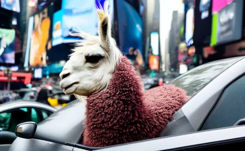 Prompt: a old photo of llama sitting in a car, looking out of the window and his hair is flying in the wind, riding through times square 8 k