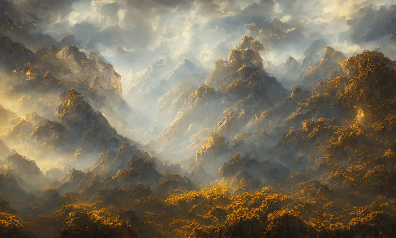 Prompt: breathtaking detailed soft painting of an aerial landscape in luxurious nature, mountains rockas at dawn with ribbons and golden petals flying, with intricate art nouveau moody dark tumultuous clouds, by dao trong le, artstation, concept art, matte, 8 k,