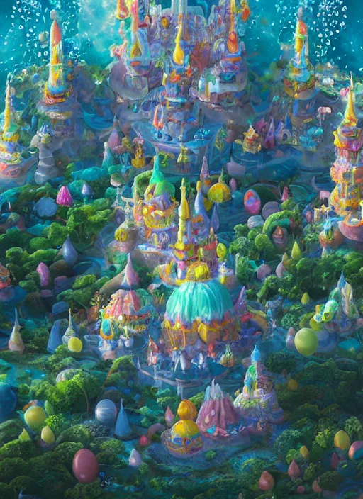 Prompt: foam priest and his bubble kingdom, unique landscape, highly detailed, flying buildings, colorful, palace, bubble trees, cinematic lighting, artstation, intricate, masterpiece, art by maria panfilova and dylan kowalski and huifeng huang