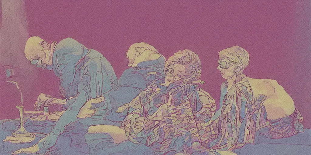 Prompt: a close - up grainy risograph, pastel colors painting of a scene from the requiem for a dream by moebius