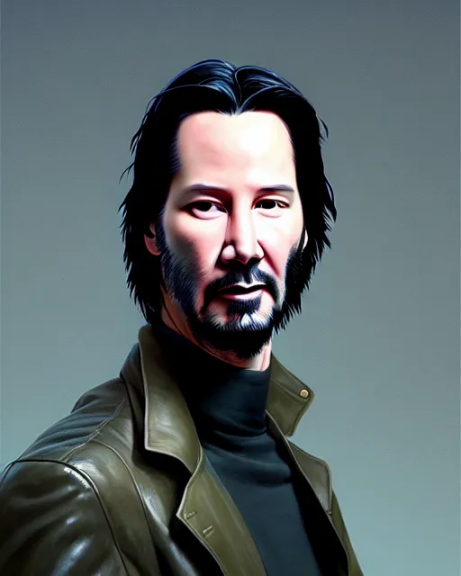 Image similar to highly detailed vfx, a portrait of keanu reeves insanely muscular, wearing the matrix trench coat costume, by stephen bliss, chalk, unrealengine, greg rutkowski, loish, rhads, beeple, chalk, makoto shinkai and lois van baarle, ilya kuvshinov, rossdraws, tom bagshaw, basil gogos