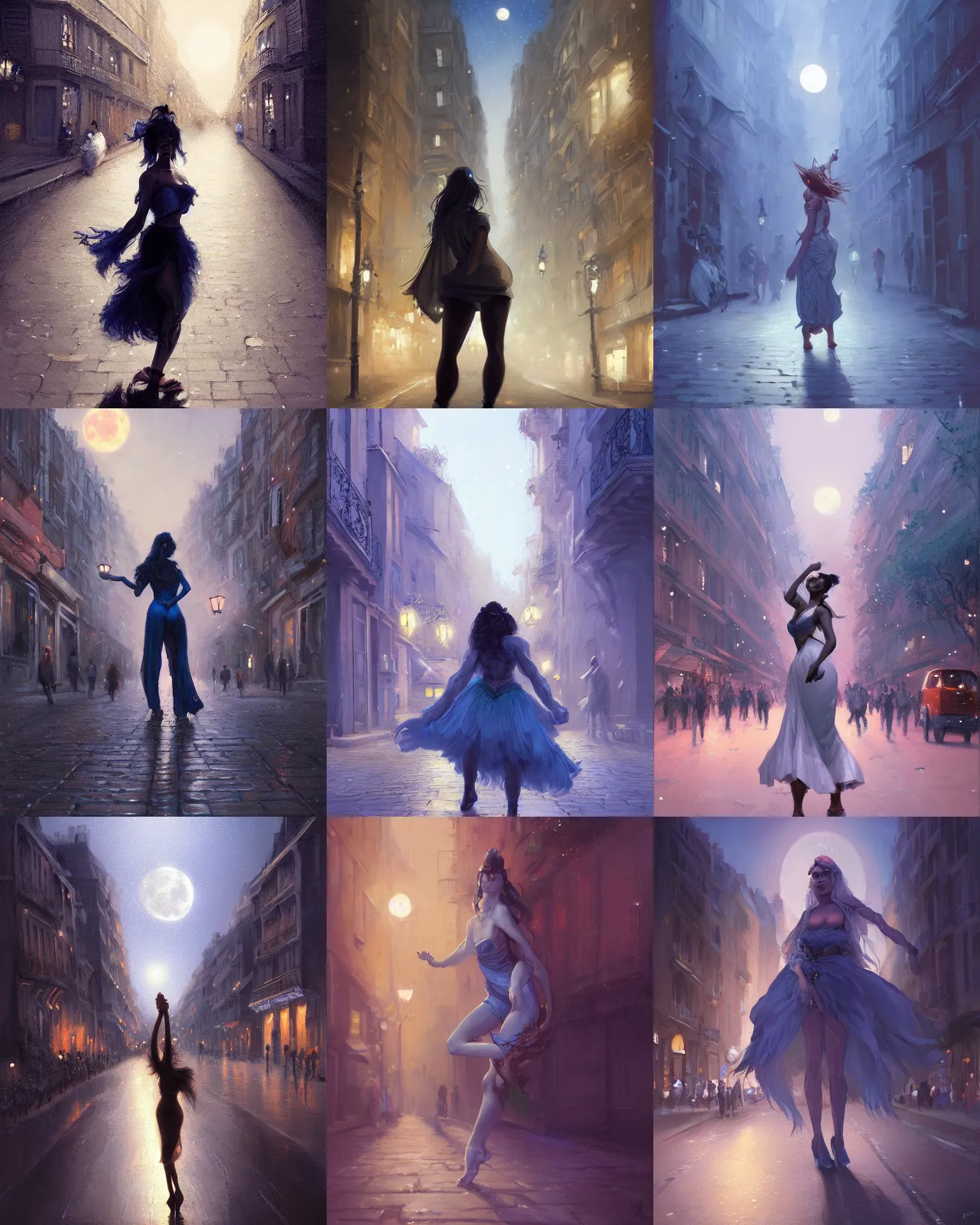 Prompt: portrait of a person facing away and passionately dancing in a street in paris at night, blue moonlight, giant moon, by Artgem and Mandy Jurgens and greg rutkowski, fantasy, intricate, elegant, digital painting, concept art, romantic, trending on artstation