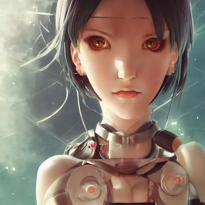 Image similar to symmetrical gorgeous anime girl cyborg - by tom bagshaw, by ilya kuvshinov, rtx rendering, octane render 1 2 8 k, maya, extreme high intricate details by wlop, digital anime art by ross tran, medium shot, close up shot, composition by sana takeda, dramatic lighting by greg rutkowski, 8 k, trending on artstation