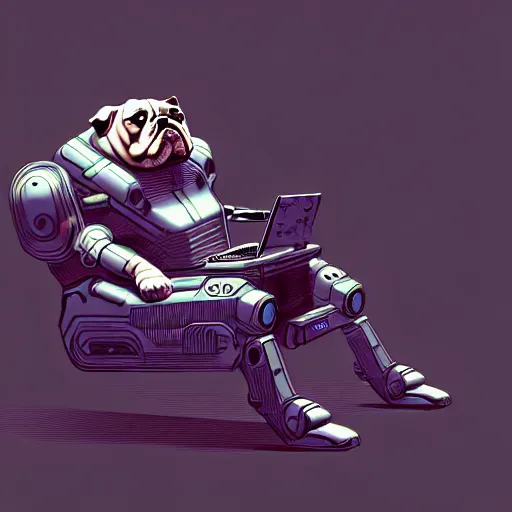 Image similar to « a comic styled cyborg bulldog sitting down, cyberpunk digital art by greg rutkowsky, illustration, sharp focus, highly detailed, future tech, sketchfab »