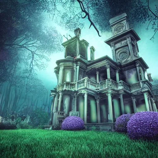 Prompt: Haunted Mansion in a dark forest dead trees moon lit sky spooky depth of field cinematic view Vray 8K HDR Vines Tombstones architecture garden with roses windows glowing purple eerie render