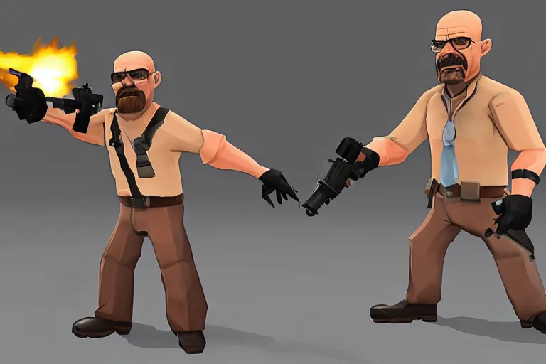 Prompt: Walter White is Heavy from Team Fortress 2 firing a minigun, in the style of TF2