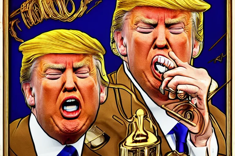 Prompt: David Dees illustration of Donald Trump crying on a golden toilet in a tacky gold bathroom