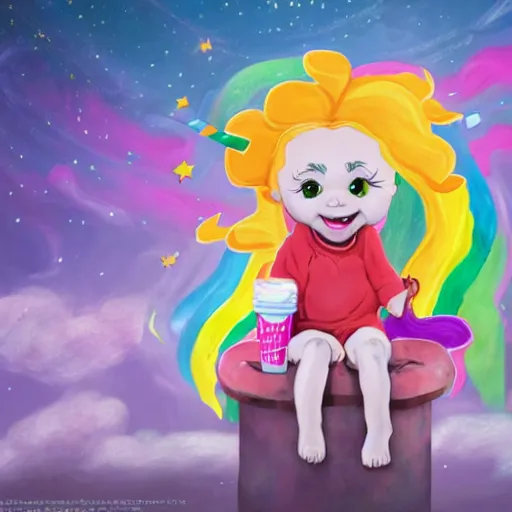 Prompt: An epic fantasy comic book style portrait painting of an adorable little albino girl with blonde dreads eating ice cream, smiling, sitting on top of a rainbow, high quality, stars, rainbow, care bear land with my little pony vibes, atmospheric fantasy setting, unreal 5, DAZ, hyperrealistic, octane render, RPG portrait, ambient light, dynamic lighting