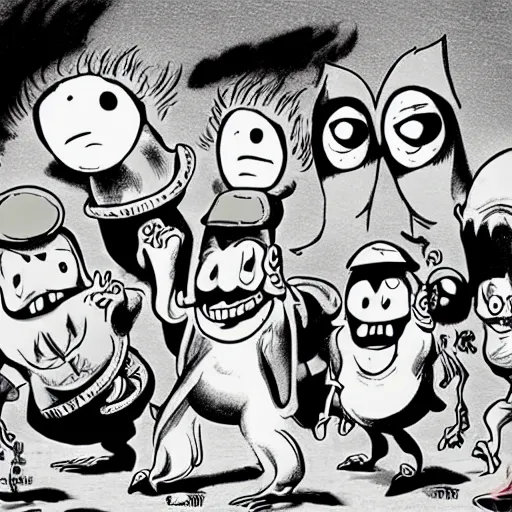 Prompt: repressed emotional monsters and creatures starting a fiery revolution in the psyche, in the style of vintage black and white Fleischer cartoons