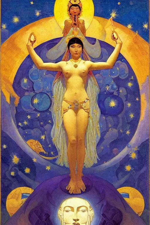 Image similar to queen of the sun and moon and stars by Nicholas Roerich and Annie Swynnerton and Diego Rivera and jean delville, dramatic cinematic lighting , ornate headdress , flowing robes, sacred artifacts, lost civilizations, smooth, sharp focus, extremely detailed