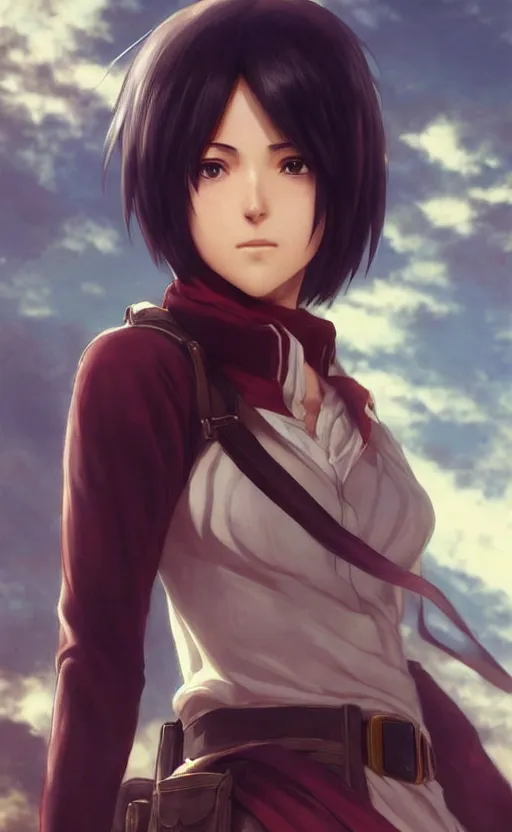 Image similar to mikasa ackerman, hero pose, medium shot, bokeh, beautiful face!!!!, 2 7 years old, cg animation, lifelike, animated, realistic, character select portrait, by artgerm, greg rutkowski, alphonse mucha, 3 d