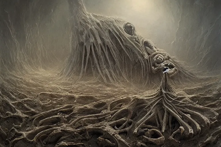 Image similar to prophecy, gnostic atmosphere, amazing concept painting by Jessica Rossier and HR giger and Beksinski, the middle of a valley; it was full of bones, bones that were very dry, there was a noise, a rattling sound, and the bones came together, bone to bone , I looked, and tendons and flesh appeared on them and skin covered them, but there was no breath in them and breath entered them, they came to life and stood up on their feet a vast army