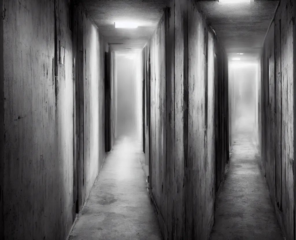 Image similar to spooky photo of a dark infinite hallway with open lit doorways all the way down, dramatic lighting, smoke, ceiling fluorescent lighting, black and red colour palette