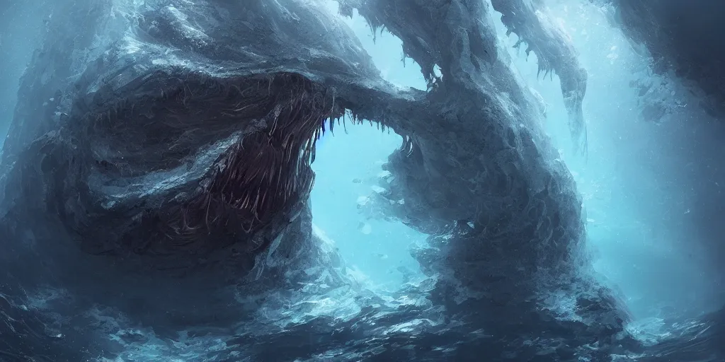 Prompt: deep underwater in the darkness, enormous maw of a huge creature, digital art, trending on artstation