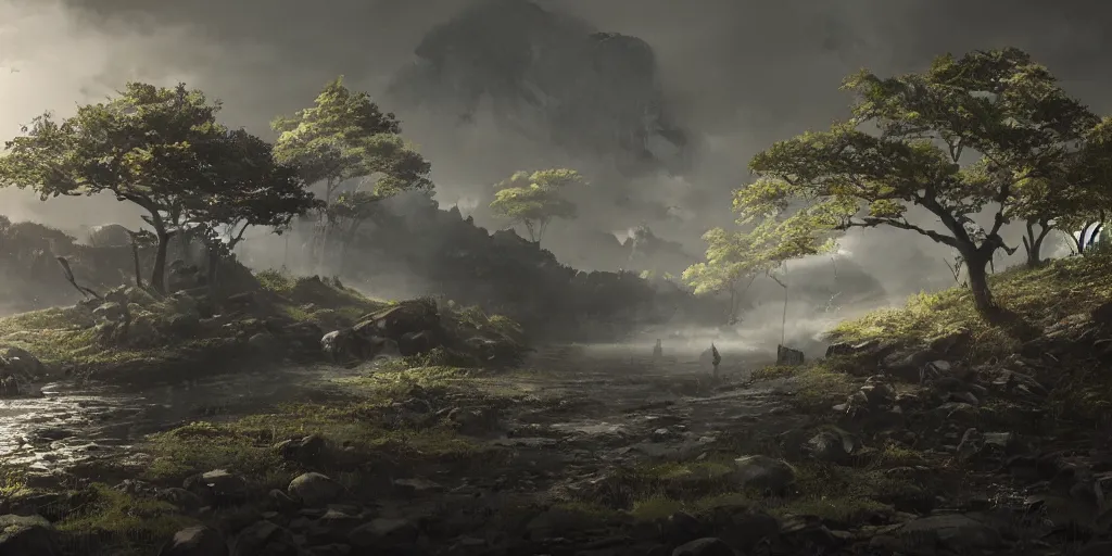 Image similar to an environmental concept art of ghost of tsushima, highly detailed, environmental light, cinematic by francis tneh