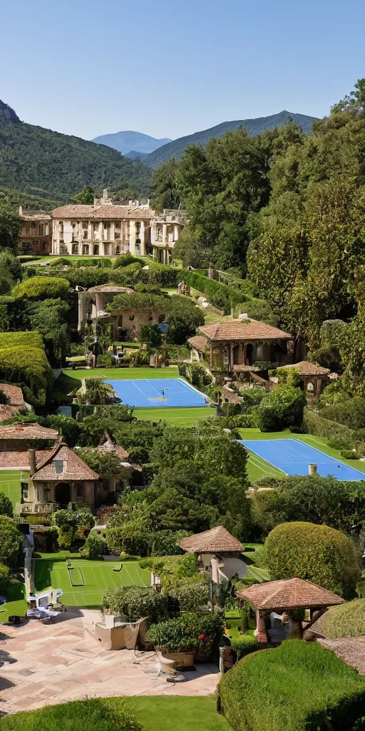 Prompt: In the resort between mountains and seas, British aristocratic castle style tennis courts