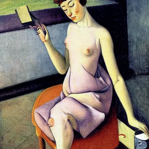 Prompt: Masterpiece painting of Kiki from Kiki's delvery service, painted by Balthus