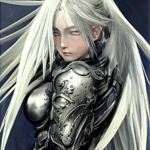 Image similar to Oil portrait with broad brush strokes of an anime girl with long white hair wearing Elden Ring armour with engraving in the style of Yoji Shinkawa, expressive brush strokes, hairs fluttering on the wing, noisy film grain effect, highly detailed, Renaissance oil painting, weird portrait angle, blurred lost edges, three quarter view